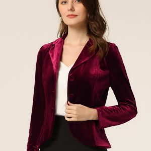 Notched Lapel Long Sleeve Office Business Button Velvet Blazer Burgundy/XL - Allegra K catalog
