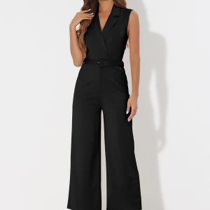 Sleeveless Button Front Closure Long Leg Pocket Belted Jumpsuits Black/S - Allegra K catalog