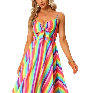 Summer Casual Beach V Neck Tie Front Rainbow Spaghetti Strap Dress Rainbow/L - Allegra K catalog