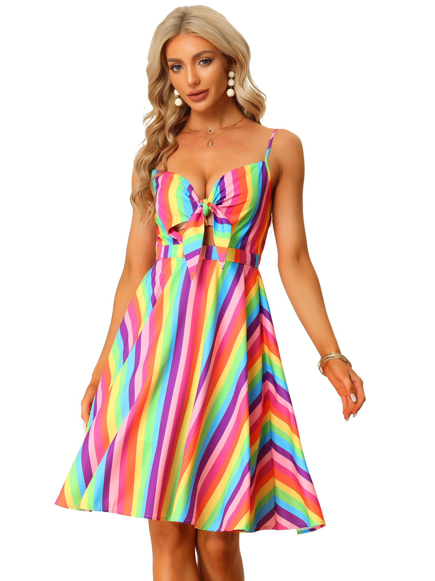 Summer Casual Beach V Neck Tie Front Rainbow Spaghetti Strap Dress Rainbow/XL - Allegra K catalog
