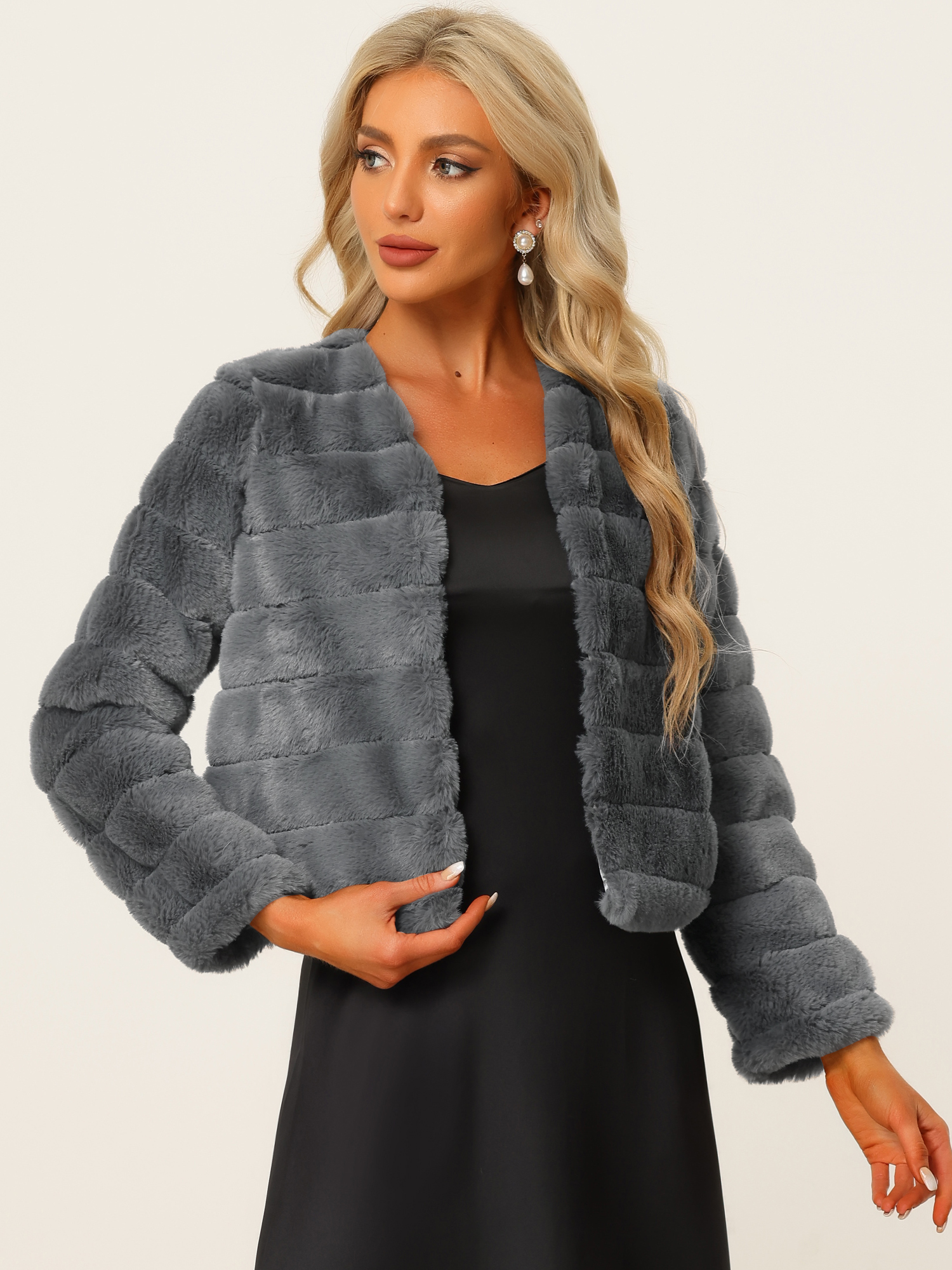 Winter Warm Cropped Collarless Faux Fur Fluffy Jacket Gray/M - Allegra K catalog