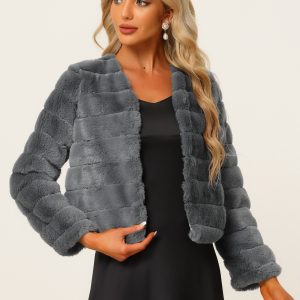 Winter Warm Cropped Collarless Faux Fur Fluffy Jacket Gray/L - Allegra K catalog