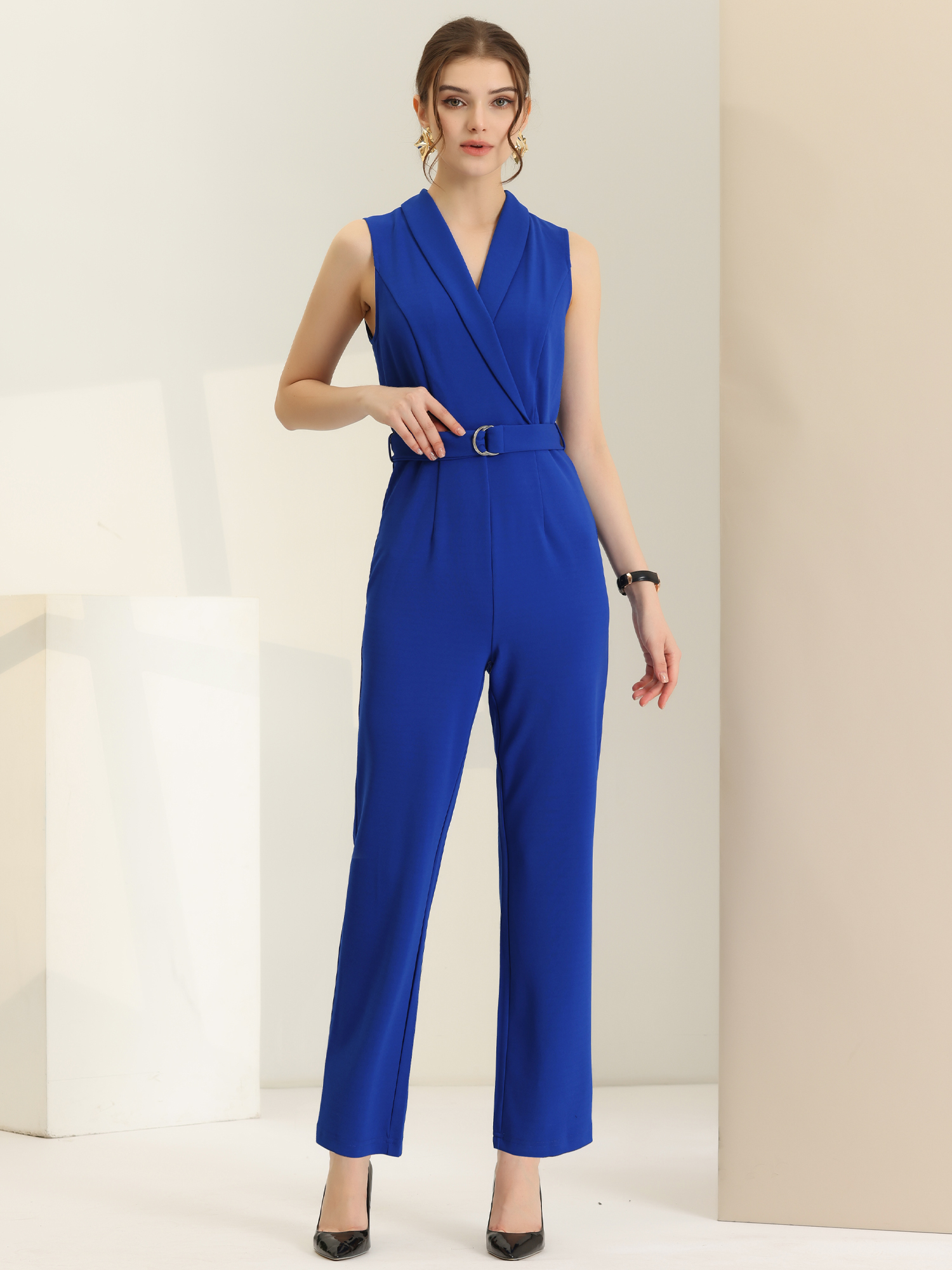 Elegant Office Work Sleeveless Belted Long Jumpsuit Royal Blue/L - Allegra K catalog