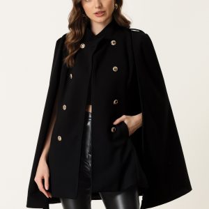 Winter Slit Sleeve Double Breasted Cloak Cape Coat Black/M - Allegra K catalog