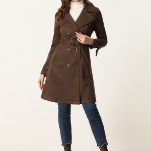 Faux Suede Notched Cuff Solid Double Breasted Tie Belt Trench Coat Coffee/M - Allegra K catalog