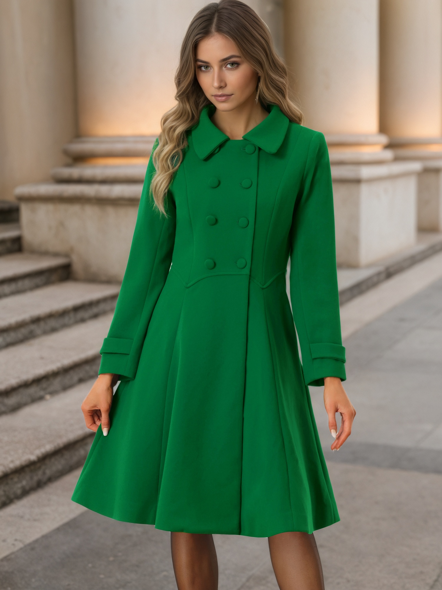 Winter Overcoat Collared A Line Double Breasted Long Coat Green/M - Allegra K catalog