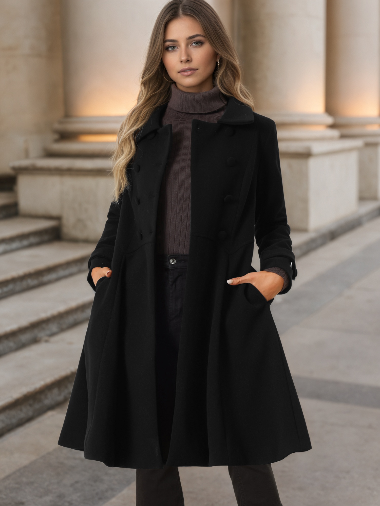 Winter Overcoat Collared A Line Double Breasted Long Coat Black/S - Allegra K catalog