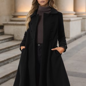 Winter Overcoat Collared A Line Double Breasted Long Coat Black/M - Allegra K catalog