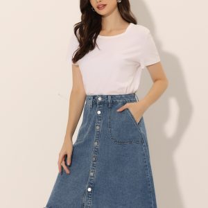 Denim Raw Hem Button Down Midi Jeans Skirt Gray Blue/S - Allegra K catalog