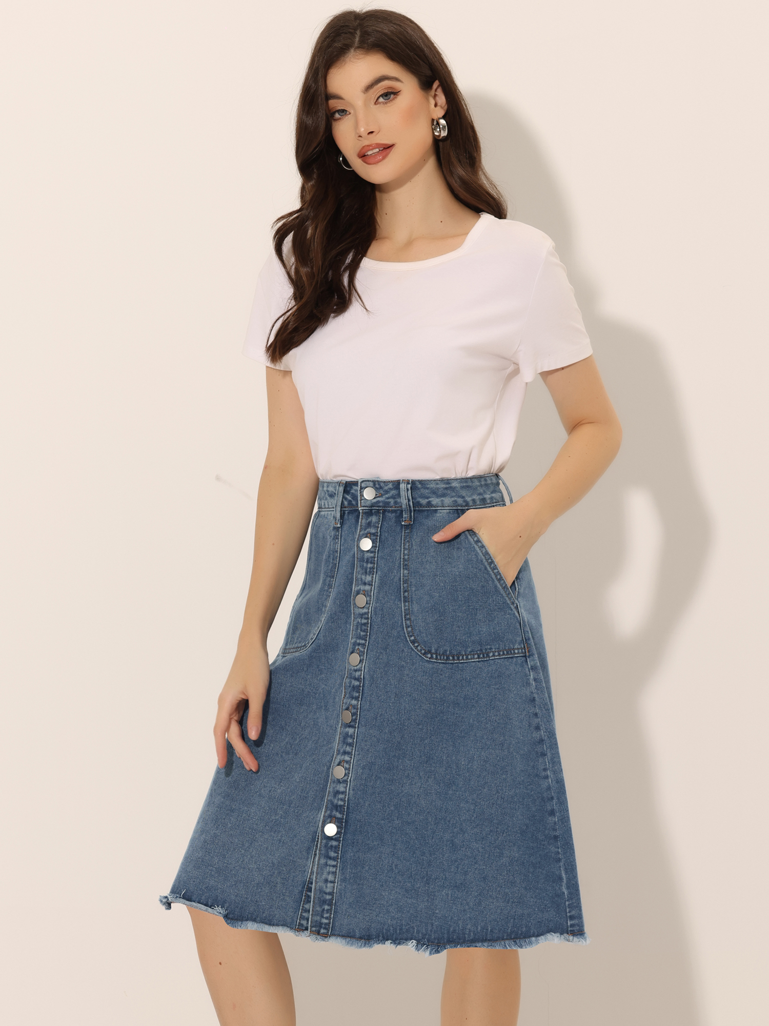 Denim Raw Hem Button Down Midi Jeans Skirt Gray Blue/L - Allegra K catalog