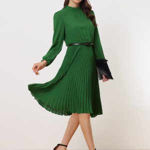 Stand Collar Long Sleeve Belted Pleated Midi Dress Green/M - Allegra K catalog