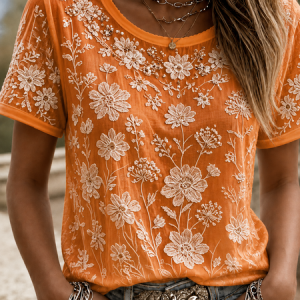 Women Floral Short Sleeve Tee T-shirt Crew Neck Printing Casual Summer Top, JustFashionNow T-Shirts, color:Orange|size:XXL