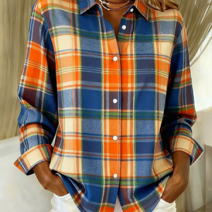 Women Plaid Shirt Collar Long Sleeve Shirt Buckle Regular Sleeve Casual Daily Spring/Fall Top, JustFashionNow Shirts, color:As Picture|size:5XL
