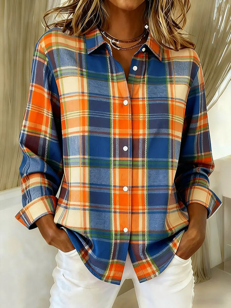 Women Plaid Shirt Collar Long Sleeve Shirt Buckle Regular Sleeve Casual Daily Spring/Fall Top, JustFashionNow Shirts, color:As Picture|size:5XL