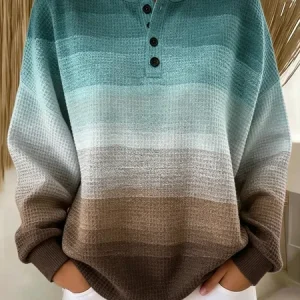 Women Ombre Henley Collar Casual Spring/Fall Long Sleeve Sweatshirt, JustFashionNow Sweatshirts & Hoodies, color:Multicolor|size:5XL