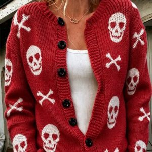 Women Skull Long Sleeve Crew Neck Vintage Spring/Fall Cardigan Outerwear, JustFashionNow Cardigans, color:Red|size:5XL