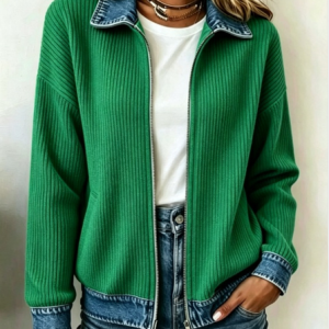 Women Contrast Stitching Long Sleeve Shawl Collar Casual Spring/Fall Jacket Outerwear, JustFashionNow Jackets, color:Green|size:3XL