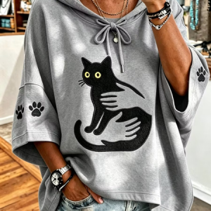 Women Cat Half Sleeve Casual Holiday Spring/Fall Hoodie, JustFashionNow Sweatshirts & Hoodies, color:Gray|size:5XL