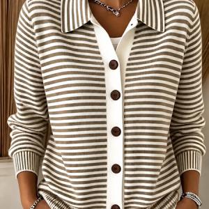 Striped Casual Knit Top, JustFashionNow Cardigans, color:Brown|size:5XL