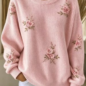 Women Floral Crew Neck Casual Spring/Fall Long Sleeve Sweatshirt, JustFashionNow Sweatshirts & Hoodies, color:Pink|size:5XL
