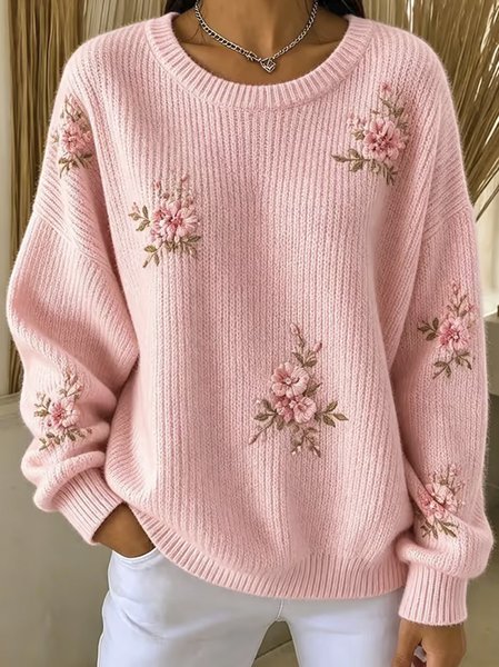 Women Floral Crew Neck Casual Spring/Fall Long Sleeve Sweatshirt, JustFashionNow Sweatshirts & Hoodies, color:Pink|size:5XL