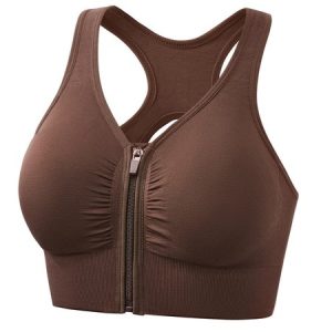 Minimalist Zip-Front Sports Bra, JustFashionNow Wireless, color:Coffee|size:4XL