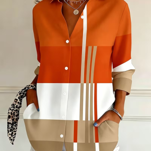 Women Abstract Shirt Collar Long Sleeve Shirt Buckle Regular Sleeve Casual Daily Spring/Fall Top, JustFashionNow Shirts, color:Orange|size:5XL