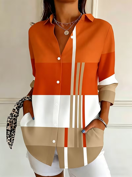Women Abstract Shirt Collar Long Sleeve Shirt Buckle Regular Sleeve Casual Daily Spring/Fall Top, JustFashionNow Shirts, color:Orange|size:5XL