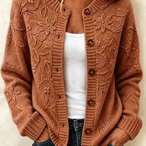 Women Floral Long Sleeve Crew Neck Casual Spring/Fall Cardigan Outerwear, JustFashionNow Cardigans, color:Caramel Brown|size:5XL