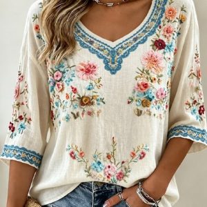 Women Floral Half Sleeve Tee T-shirt V Neck Casual Summer Top, JustFashionNow T-Shirts, color:White|size:5XL