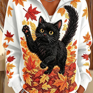 Women Cat Stand Collar Printing Casual Spring/Fall Long Sleeve Sweatshirt, JustFashionNow Sweatshirts & Hoodies, color:White|size:5XL