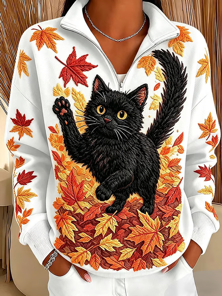 Women Cat Stand Collar Printing Casual Spring/Fall Long Sleeve Sweatshirt, JustFashionNow Sweatshirts & Hoodies, color:White|size:5XL