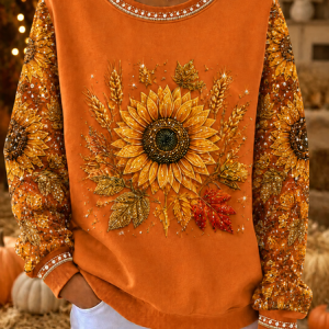 Women Sunflower Crew Neck Printing Casual Spring/Fall Long Sleeve Sweatshirt, JustFashionNow Sweatshirts & Hoodies, color:Orange|size:5XL