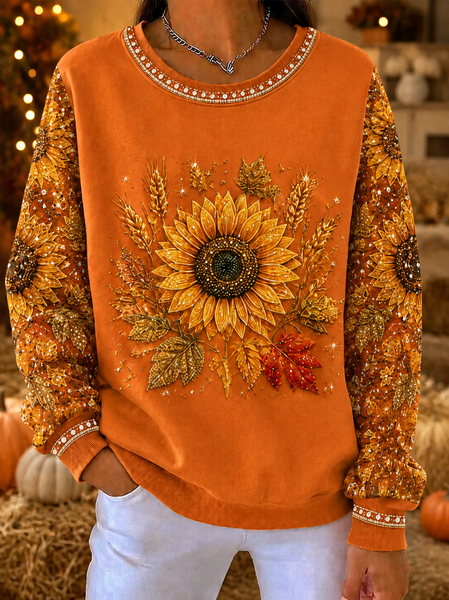 Women Sunflower Crew Neck Printing Casual Spring/Fall Long Sleeve Sweatshirt, JustFashionNow Sweatshirts & Hoodies, color:Orange|size:5XL