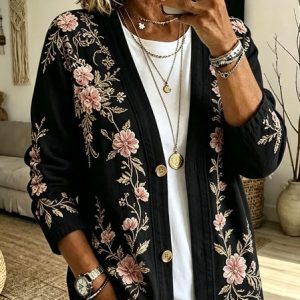 Women Floral Long Sleeve Vintage Spring/Fall Jacket Outerwear, JustFashionNow Cardigans, color:Black|size:5XL