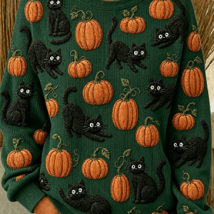 Women Cat Crew Neck Casual Spring/Fall Long Sleeve Sweatshirt, JustFashionNow Sweatshirts & Hoodies, color:darkgreen|size:5XL