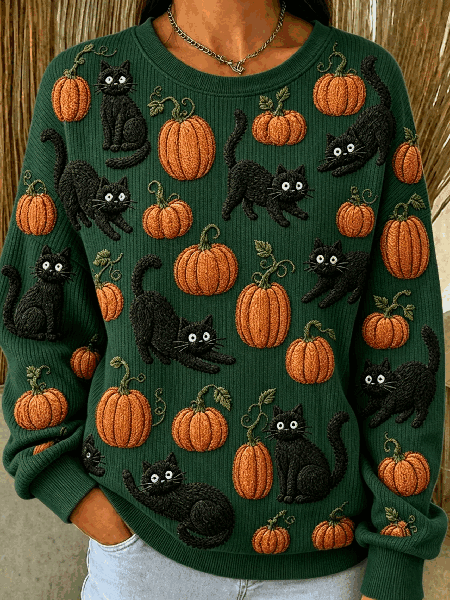 Women Cat Crew Neck Casual Spring/Fall Long Sleeve Sweatshirt, JustFashionNow Sweatshirts & Hoodies, color:darkgreen|size:5XL