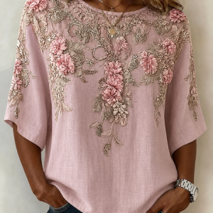 Women Floral Pattern Crew Neck Half Sleeve Blouse Printing Vintage Daily Summer Top, JustFashionNow Blouses, color:Pink|size:5XL