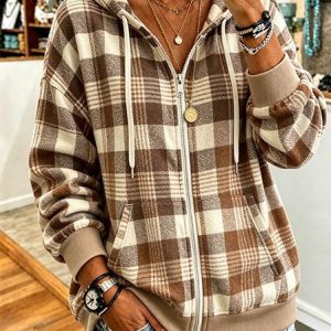 Women Plaid Long Sleeve Hoodie Casual Spring/Fall Jacket Outerwear, JustFashionNow Jackets, color:Coffee|size:4XL