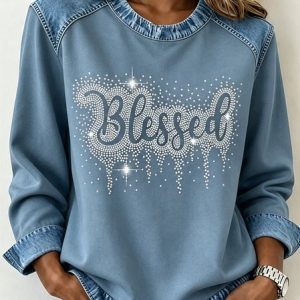 Women Text Letters Crew Neck Casual Spring/Fall Long Sleeve Sweatshirt, JustFashionNow Sweatshirts & Hoodies, color:Denim Blue|size:4XL