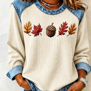 Women Maple Leaf Crew Neck Printing Casual Spring/Fall Long Sleeve Sweatshirt, JustFashionNow Hoodies, color:Off White|size:5XL