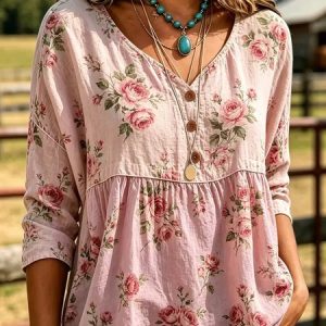Women Floral V Neck Three Quarter Sleeve Blouse Vintage Daily Spring/Fall Top, JustFashionNow Blouses, color:Pink|size:4XL