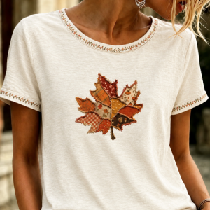 Women Maple Leaf Short Sleeve Tee T-shirt Crew Neck Printing Casual Summer Top, JustFashionNow T-Shirts, color:Off White|size:XXL