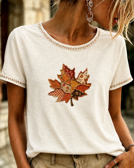 Women Maple Leaf Short Sleeve Tee T-shirt Crew Neck Printing Casual Summer Top, JustFashionNow T-Shirts, color:Off White|size:XXL