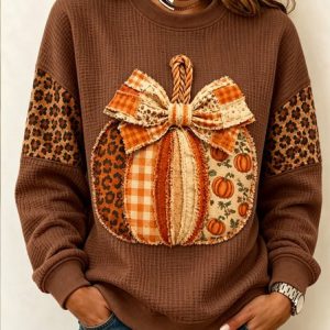 Women Pumpkin Pattern Crew Neck Casual Spring/Fall Long Sleeve Sweatshirt, JustFashionNow Sweatshirts & Hoodies, color:Brown|size:5XL