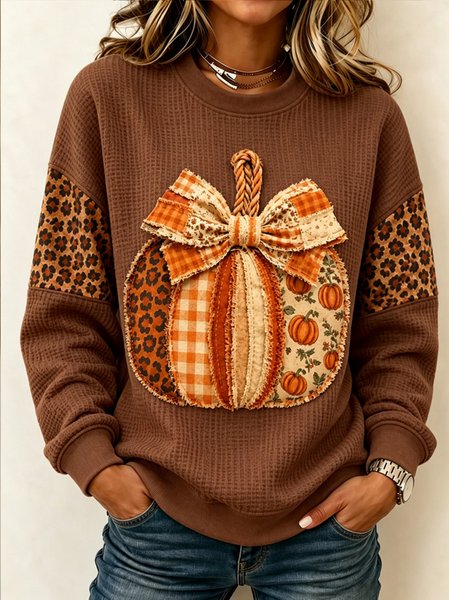 Women Pumpkin Pattern Crew Neck Casual Spring/Fall Long Sleeve Sweatshirt, JustFashionNow Sweatshirts & Hoodies, color:Brown|size:5XL