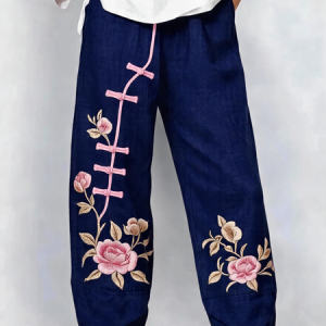 Women Floral Capris Pants Vintage Summer Trousers, JustFashionNow Pants, color:Navyblue|size:S