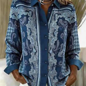 Women Paisley Shawl Collar Long Sleeve Shirt Vintage Daily Spring/Fall Top, JustFashionNow Shirts, color:Blue|size:XXL