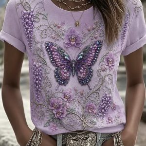 Women Butterfly Short Sleeve Tee T-shirt Crew Neck Casual Summer Top, JustFashionNow T-Shirts, color:Purple|size:5XL