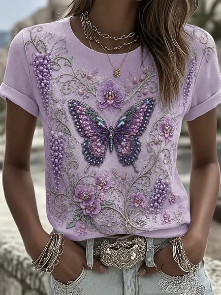 Women Butterfly Short Sleeve Tee T-shirt Crew Neck Casual Summer Top, JustFashionNow T-Shirts, color:Purple|size:5XL